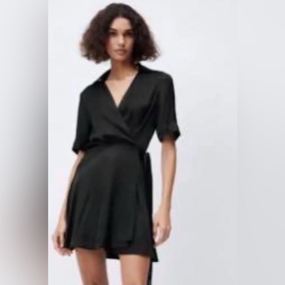 ZARA Satin Wrap Dress in Black SZ XS